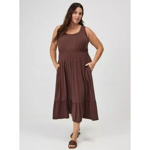 Chocolate Brown Flowy Midi Dress 1X Women Smocked Tiered Hem Cottagecore Coastal